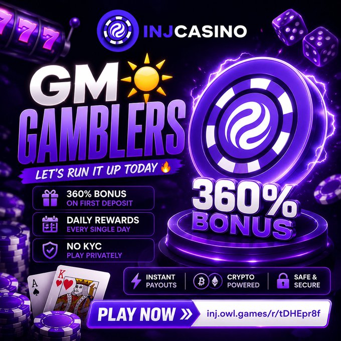 A promotional advertisement for INJCASINO featuring a vibrant purple design with dice, poker cards, and casino chips, highlighting a "360% Bonus" on first deposit along with "Daily Rewards" and "No KYC" features, matching the post's call to "GM gamblers" with the link "inj.owl.games/r/tDHEpr8f".