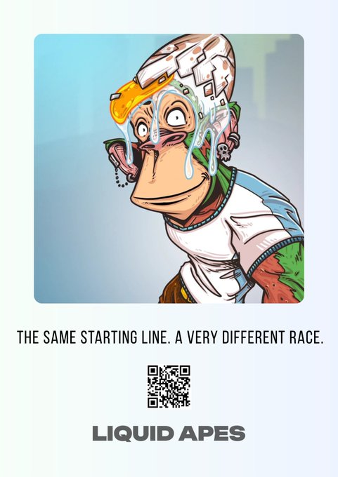 A cartoon ape wearing cycling goggles cries dramatic tears as a cracked eggshell sits atop its head, with the text "THE SAME STARTING LINE. A VERY DIFFERENT RACE." displayed above a QR code and the brand name "LIQUID APES." The image cleverly visualizes the post's message about breaking from the "hatched" NFT past of large collections, with the cracked shell symbolizing a new beginning and the tears reflecting both the emotional weight of changing course and the refreshed, awakened approach to this 10,000-piece 0.08 ETH launch.