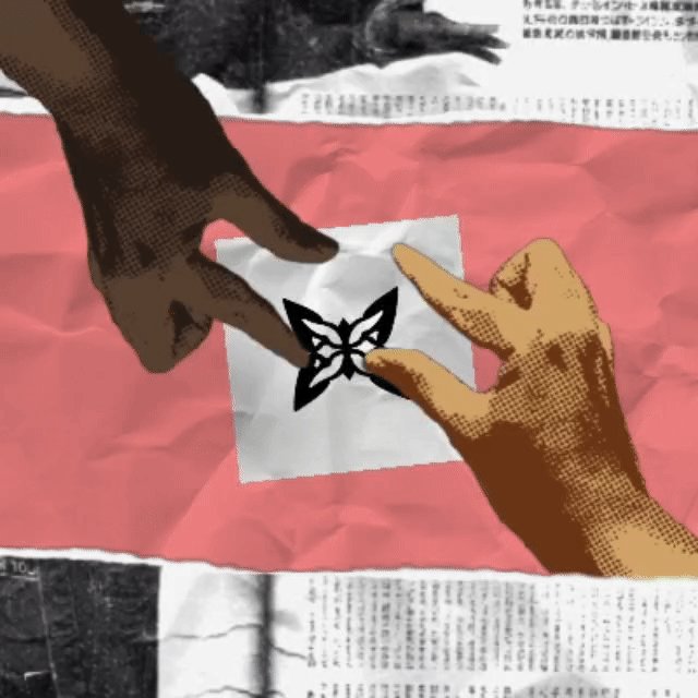 The image features two hands reaching out towards each other with fingers pointing at a butterfly drawn on a piece of paper. This scene could be interpreted as a representation of connection, unity or collaboration between people. The caption above the image emphasizes the importance of participation in the community and encourages users to engage actively by sharing ideas, completing tasks, or contributing to discussions related to the content posted on @quipnetwork.