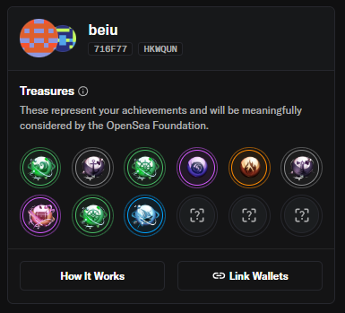 OpenSea profile page for user 'beiu' showing wallet address 716F77 and treasury collection with various achievement badges.