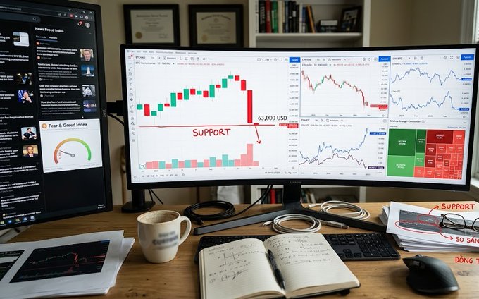 A desk setup with multiple monitors displaying financial trading charts, with one showing a 'SUPPORT' level and '$3,000 USD' annotation, alongside a notebook and coffee mug.