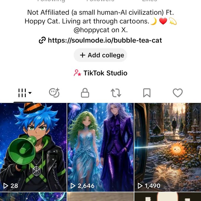 A TikTok profile for 'Not Affiliated' with bio text 'a small human-AI civilization Ft. Hoppy Cat' alongside sample anime-style and fantasy artwork videos.