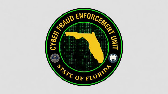 The image shows the official seal of the **Florida Cyber Fraud Enforcement Unit**, featuring a yellow Florida state outline over a green binary code background, with text reading "CYBER FRAUD ENFORCEMENT UNIT" and "STATE OF FLORIDA." The seal visually represents the agency referenced in the post, which recovered $710,000 for a crypto scam victim.