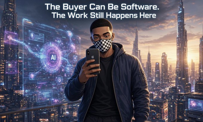 A digital illustration of a man in a black jacket and checkered face mask holding a smartphone, with holographic AI interface displays around him against a futuristic cityscape, captioned 'The Buyer Can Be Software. The Work Still Happens Here'.