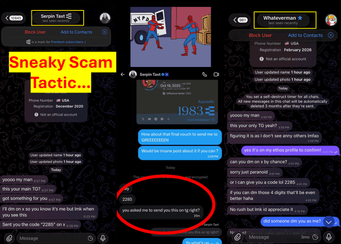 This image shows three Telegram chat screenshots labeled "Sneaky Scam Tactic..." featuring messages between fake accounts "Serpin Taxt" and "Whateverman," where a scammer tricks users into exchanging a code ("2285") as a supposed trust verification—actually exploiting Telegram's login code system to hijack accounts.