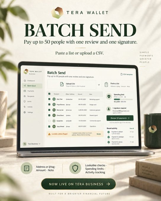 A Tera Wallet advertisement promotes a 'BATCH SEND' feature, showing a laptop with a dashboard for paying up to 50 people via CSV upload, with text 'SIMPLE PAYMENTS GREATER PEOPLE' and 'NOW LIVE ON TERA BUSINESS'.
