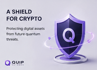 A promotional graphic for 'QUIP' features a purple 3D shield with a 'Q' logo, accompanied by the text 'A SHIELD FOR CRYPTO - Protecting digital assets from future quantum threats.'