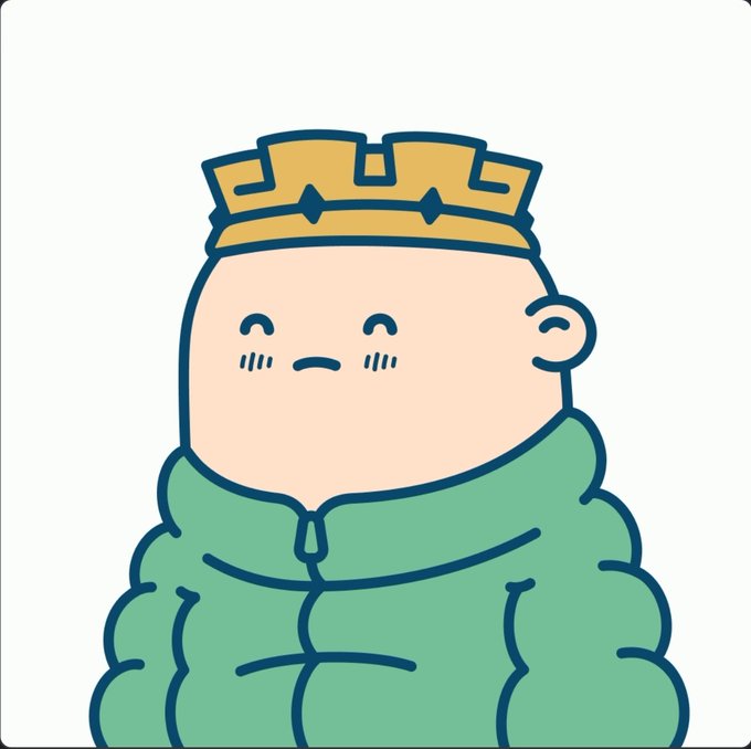 A cute cartoon illustration of a chubby character with a small smile, wearing a yellow crown-like hat and a green puffy jacket.