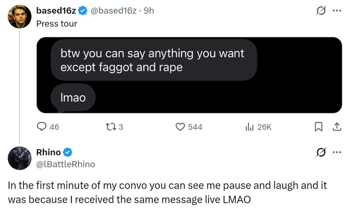 A X/Twitter thread from user 'based16z' showing a text conversation 'btw you can say anything you want except faggot and rape / lmao', followed by user 'Rhino @lBattleRhino' responding that he received the same message live.