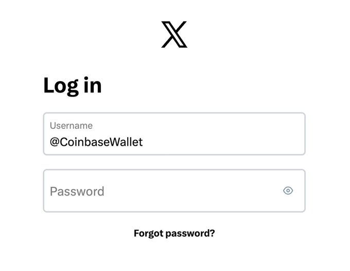 X (formerly Twitter) login screen showing the X logo and 'Log in' header, with the username field containing '@CoinbaseWallet' and an empty password field.