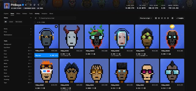 A screenshot of the 'PitBoys' NFT marketplace showing a grid of pixel-art character PFPs with attributes like Hats, Eyes, and Face.
