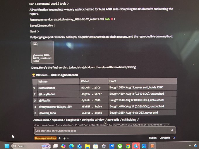 A computer screen displays a final judging report for a giveaway, listing five winners of $100 in '$ghost' each, with their wallet addresses and proof of purchase from a file named 'giveaway_2026-08-19_results.md'.