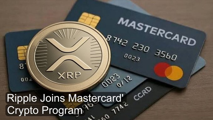 A gold XRP coin rests atop a dark blue Mastercard credit card, with the caption "Ripple Joins Mastercard' Crypto Program." The image visually reinforces the announcement by depicting the two collaborating brands, symbolizing the integration of Ripple's cryptocurrency into Mastercard's digital payment network.