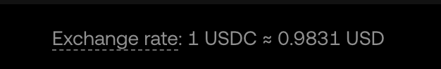 A screenshot displays the text "Exchange rate: 1 USDC ≈ 0.9831 USD" against a black background, illustrating the sub-1:1 conversion rate where 1 USDC trades for roughly 98 cents USD. This visualizes the spread-based loss the poster warns about, showing how centralized exchanges shortchange retail users converting stablecoins to dollars.