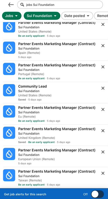 The image shows a LinkedIn job search results page displaying multiple open positions at Sui Foundation, including several "Partner Events Marketing Manager (Contract)" roles across various remote locations (United States, Spain, Portugal, European Union, Taiwan, United Kingdom), as well as a "Community Lead" role, all posted 5 days ago with prompts to "Be an early applicant."