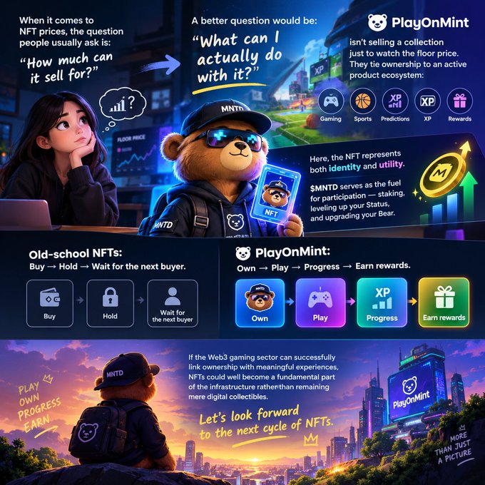 An infographic for "PlayOnMint" comparing traditional NFTs (Buy → Hold → Wait) with their model (Own → Play → Progress → Earn rewards), featuring a cartoon bear character wearing an "MNTD" cap and holding an NFT card.
