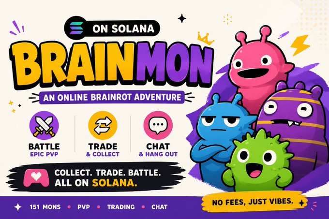 In this image, there are four colorful cartoon monsters with expressions of different emotions like happiness, sadness, anger, and surprise. The background features a bright color palette of pink, blue, purple, and yellow. On top of the scene, there is text that reads "On Solana Brainmon an online brainrot adventure" which indicates that this game is set in a virtual world where players can engage with different characters to progress through various levels or challenges. The image also contains a postcard-like description providing information about how to access the game and what it entails, as well as a list of items required for gameplay.