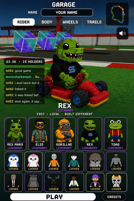 A screenshot from a kart-racing video game 'Garage' showing a green dinosaur character 'REX' (Legendary) driving a red go-kart, with a character selection menu below featuring various locked and unlockable riders.