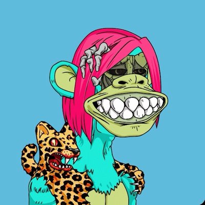 An illustration of a turquoise monkey character with a wide grin, pink hair clips, a pink fringe, and a small leopard resting on its shoulder against a blue background.