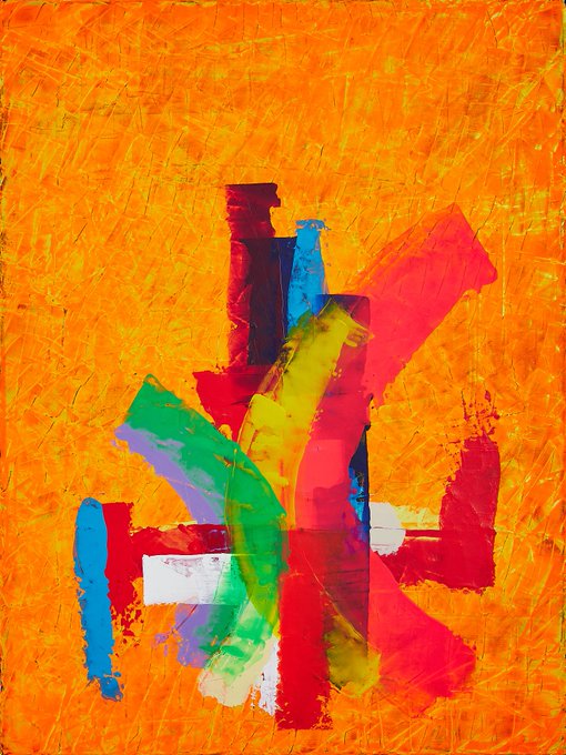 A vibrant abstract painting with bold brushstrokes in red, blue, green, and white set against a bright orange textured background.