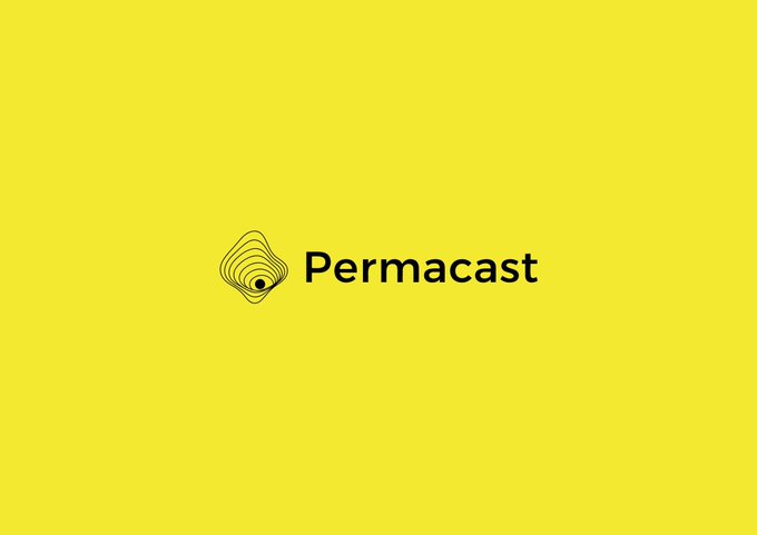 The image shows the Permacast logo on a yellow background, featuring a stylized circular design next to the wordmark "Permacast." The post highlights how Permacast addresses AI's need for permanent, verifiable data rather than temporary feeds, aligning with the brand's focus on permanent storage and AI-native intelligence.