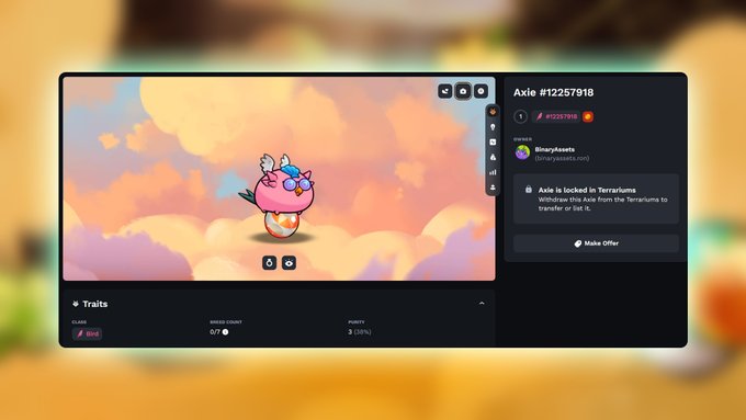 A digital NFT marketplace displays Axie #12257918, a newly born Origin axie, featuring a pink bird-like character with colorful markings against a sunset cloud background, with details showing it's locked in Terrariums for a 3-day breeding countdown.