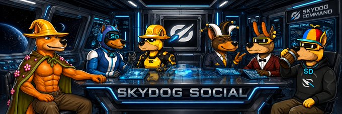 A promotional graphic for 'SKYDOG SOCIAL' featuring six cartoon dog characters in various outfits (including construction gear and suits) gathered around a futuristic command center console.