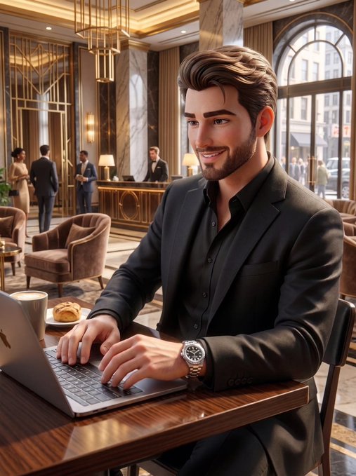 A stylized illustration of a smiling man with a beard and styled hair, wearing a black suit and a wristwatch, typing on a laptop in a luxurious lobby or cafe setting.