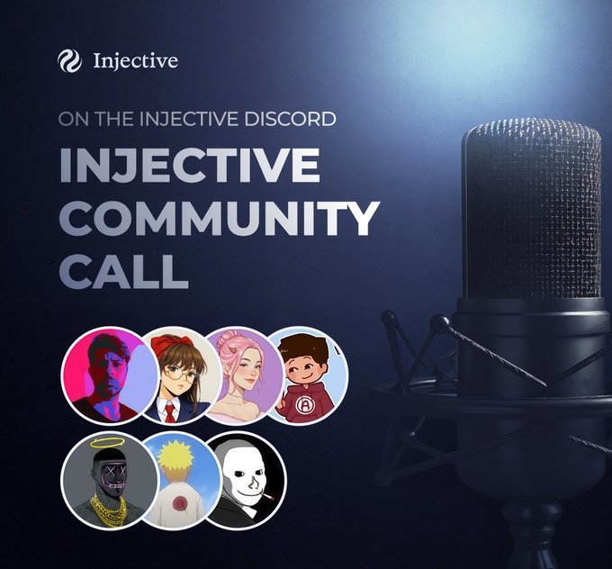 The image features an old microphone with a poster that says "On the Injective Disc Community Call" written above it, along with several cartoon characters surrounding the microphone. The poster also includes a list of people who have joined the community call.