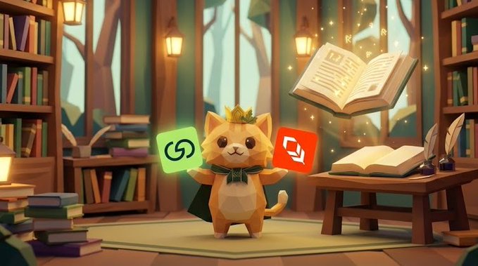 The image features a cartoon cat standing in front of a bookshelf filled with various books. The cat has a crown on its head and two bookmarks - one red and one green, which are symbols often associated with the game "RWA Yield". These bookmarks represent the concept of upgrading to the next level or improving the player's performance within the game.