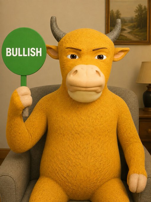 An anthropomorphic yellow bull character with horns sits in an armchair holding a green circular sign that reads 'BULLISH' in white text, with a landscape painting and lamp visible in the background.