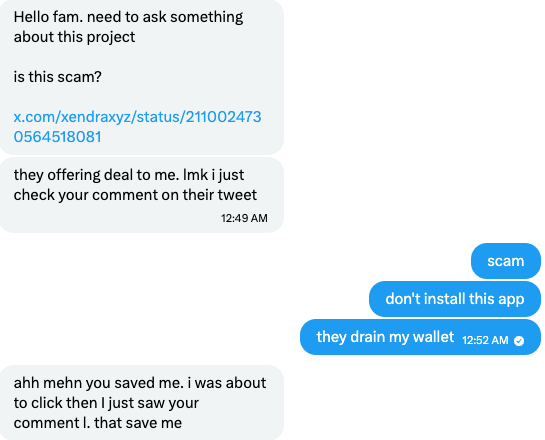 A text message conversation shows someone asking about a suspicious project link, with replies warning "scam" and "don't install this app, they drain my wallet," followed by the sender expressing relief for being saved from clicking the link.