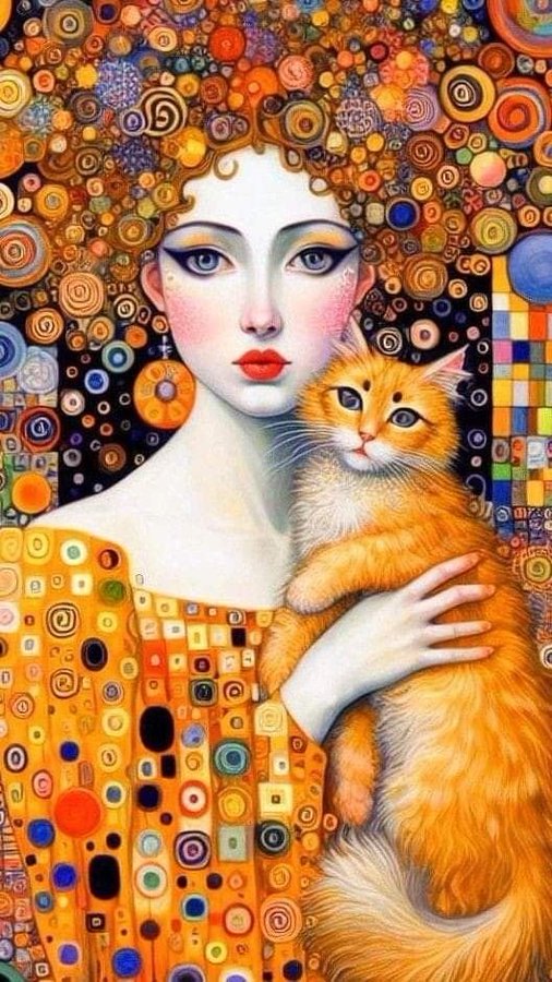 A colorful, ornate painting in a Gustav Klimt-inspired style depicting a pale-skinned woman holding an orange tabby cat, surrounded by intricate circular designs.