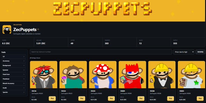 ZecPuppets NFT collection page displaying 49 listed, 383 owners, 13 listed items, 555 floor price, with various Zcash-themed monkey character cards priced at 0.3 ZEC.
