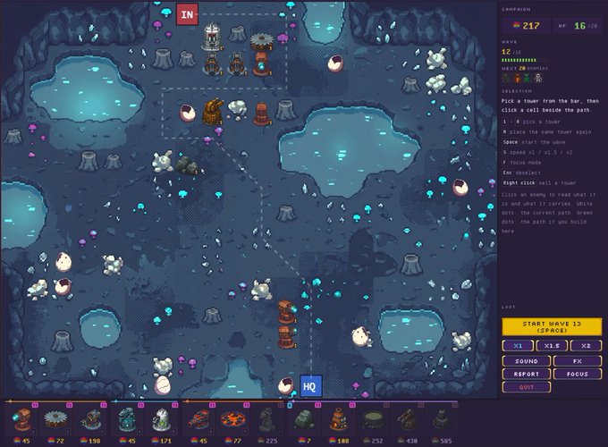 A screenshot of a pixel-art tower defense game with a purple interface, showing towers, enemies, and resource nodes on a dark blue map, with instructions on the right panel including 'START WAVE 15 (SPACE)' and 'PicK a tower from the bar, then click a cell beside the path.'