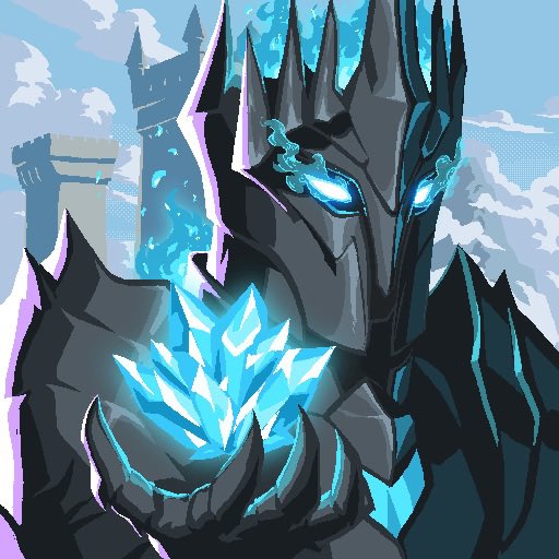 A digital illustration features an armored knight or character with a dark spiky helmet and glowing blue eyes, clutching a glowing blue crystal in its hands, set against a blue sky with a castle silhouette.