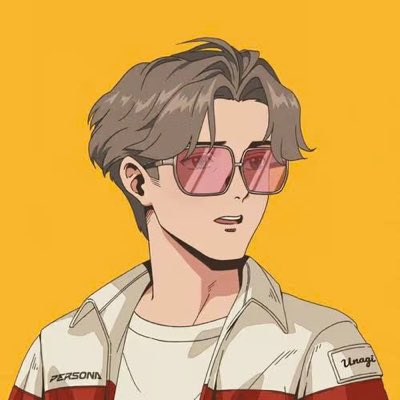 An anime-style illustration of a young man with tousled brown hair wearing pink-tinted sunglasses and a white and red jacket labeled 'PERSONA' on a yellow background.