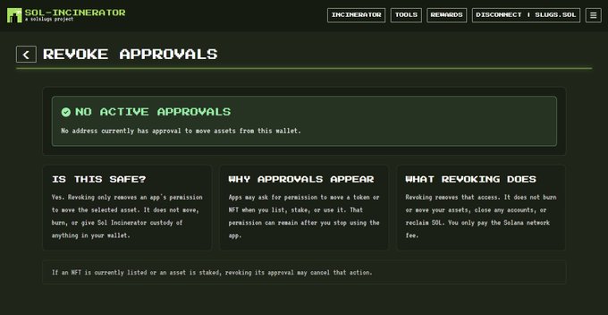 Screenshot of the Sol-Incinerator Solana dApp interface showing a 'Revoke Approvals' page with 'NO ACTIVE APPROVALS' status.