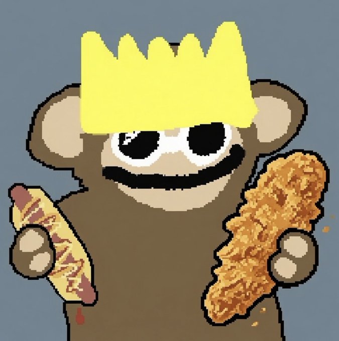 A cartoon bear wearing a Bart Simpson-style spiky yellow hair and a brown mask, holding a slice of pizza in one hand and a piece of fried chicken in the other.