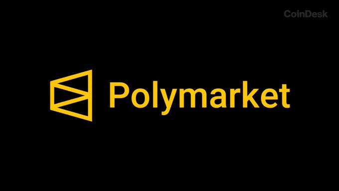 The image displays the Polymarket logo in yellow text alongside its distinctive geometric icon on a black background, with a "CoinDesk" watermark in the upper right corner. The visual accompanies a CoinDesk report indicating that Polymarket is seeking to raise new capital at a $20 billion valuation.
