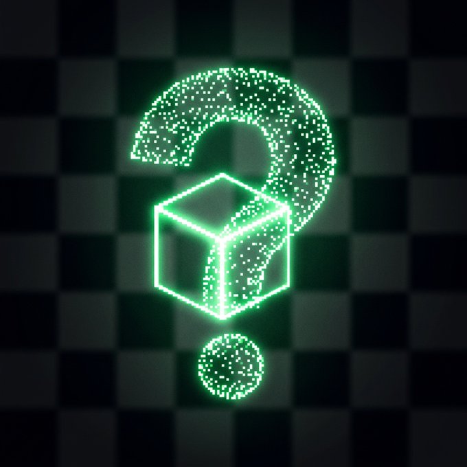 A glowing green neon sign shaped like a question mark combined with a 3D cube, set against a dark checkerboard pattern background.