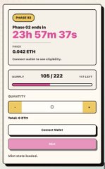 A mobile minting interface showing 'PHASE 02' with '23h 57m 37s' remaining, a price of '0.042 ETH', and '105/222' supply remaining.