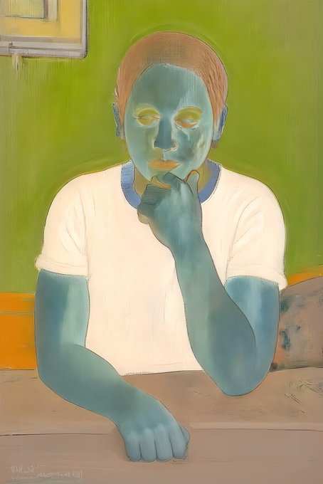 A painting depicts a figure with greenish-blue skin and reddish hair, wearing a white t-shirt, resting their chin on their hand against a green background. Text in the corner reads 'Villa-Munoz-Tejada'.