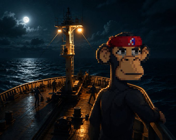A pixelated monkey character wearing a red headband stands on the deck of a ship at night, with a full moon and ocean waves visible in the background.