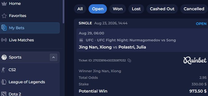 A screenshot of a sports betting interface on Rainbet showing an open single bet on a UFC Fight Night between Nurmagomedov and Song, with Jing Nan Xiong selected to win, a stake of $330.00 and potential win of $973.50.