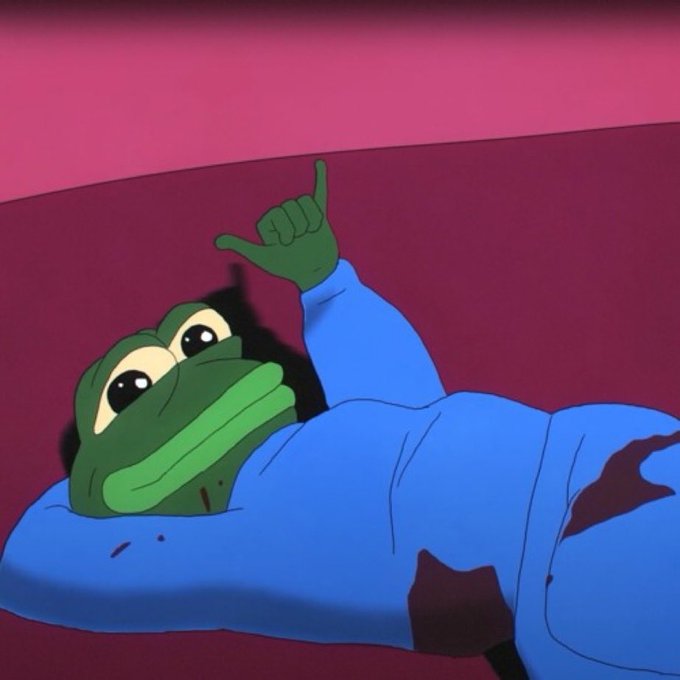An illustration of a relaxed Pepe the Frog in a blue shirt lying down and making a "shaka" hand gesture against a pink background.