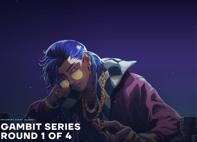 Promotional artwork for the "Gambit Series - Round 1 of 4" featuring a blue-haired character wearing yellow-tinted glasses and gold chains, with "UPCOMING EVENT • ALL EVENTS" text visible. The image complements the post by visually announcing the start of the Gambit Series gaming tournament, where players compete across four rounds for $CHECK prizes and queue-skipping rewards.