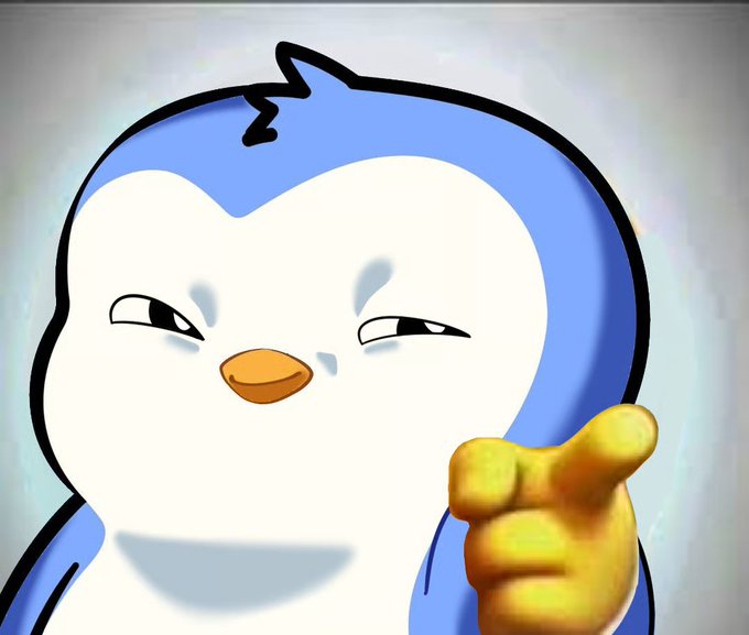 A cartoon penguin character with a smug expression pointing forward with a yellow-gloved hand against a grey background.