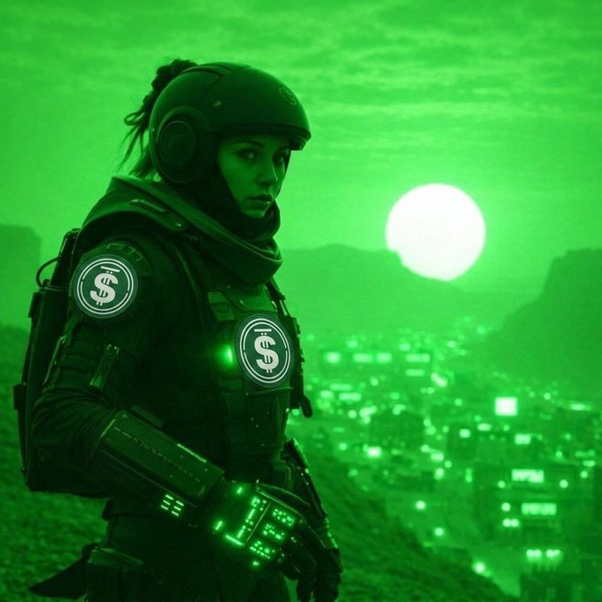 The image features a woman dressed as a soldier, standing on top of a hill with a city skyline in the background. The scene suggests that she might be part of an action-adventure or science fiction movie set in a futuristic world where sustainable yield is prioritized over temporary gains. This concept can also be applied to the cryptocurrency market, where long-term investments and patience are key for success.
