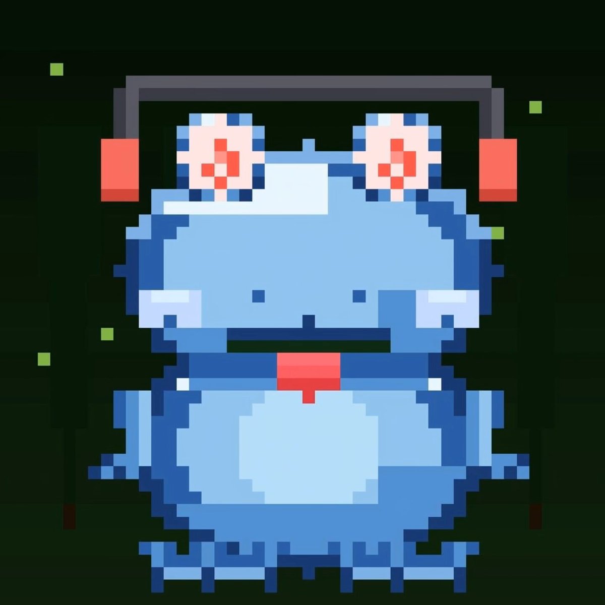 The image features a blue frog with red ears sitting on its hind legs against a black background, giving it an interesting and whimsical appearance. The frog has a tongue sticking out, adding to its playful nature. The caption below the image reads "MINT IS LIVE. 7,777 pixel frogs. Eth mainnet. Whitelist Free mint, 2 per wallet. mint now ribbitsnft.xyz/mint Secondary opensea.io/collection/rib". This text suggests that the frog is a part of an online community or marketplace where mint coins are being used as payment for goods and services. The image also contains some green elements in the background, which could be related to the mint coins' color scheme.